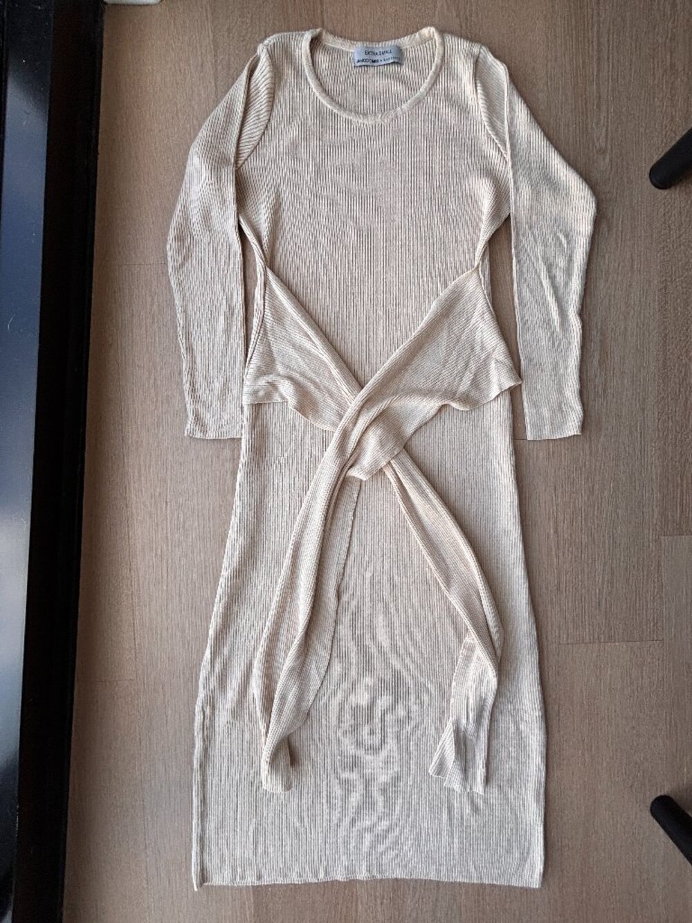 Sand Ribbed Knit Midi Dress Convertible Tie Waist